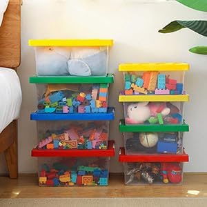 loobuu Plastic Storage Bins with Lids - Stackable Toy Storage Organizer Box Set of 2, Kids Toy Chests with Compatible Building Baseplate and Lid, Storage Container for Building Bricks - Yellow+Blue