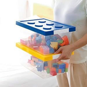 loobuu Plastic Storage Bins with Lids - Stackable Toy Storage Organizer Box Set of 2, Kids Toy Chests with Compatible Building Baseplate and Lid, Storage Container for Building Bricks - Yellow+Blue