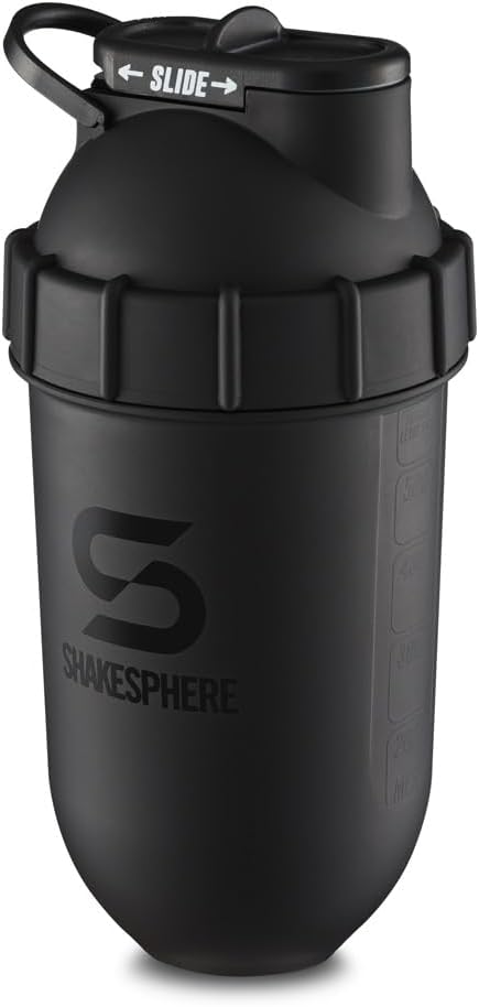 SHAKESPHERE Tumbler: Protein Shaker Bottle and Smoothie Cup, 24 oz - Bladeless Blender Cup Purees Raw Fruit with No Blending Ball - Drink Powder Mix Shake Mixer for Pre Workout, Gym (Matte Black)