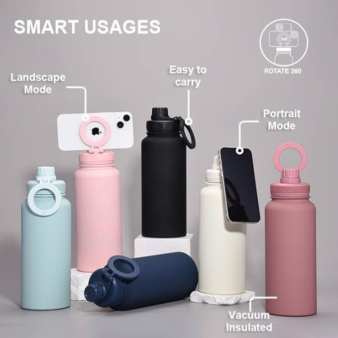 LUXURIALINE, Sport Water Bottles, 1000ml/33.8oz Double Wall Vacuum Insulated, 12 hours hot and 24 hours cold, Magnetic mobile Holder (12 or newer) Black, new 2024, ZJLA04