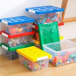 loobuu Plastic Storage Bins with Lids - Stackable Toy Storage Organizer Box Set of 2, Kids Toy Chests with Compatible Building Baseplate and Lid, Storage Container for Building Bricks - Yellow+Blue