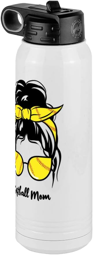 Softball Mom Water Bottle, Messy Bun, White 30 oz Polar Camel with Straw Lid, Stainless Steel, Vacuum Insulated