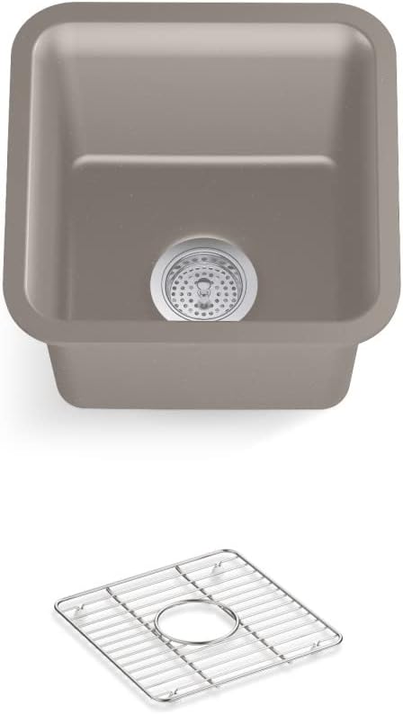 KOHLER K-8223-CM3 Cairn 15.5" Neoroc Composite Undermount Single-Bowl Bar Sink, Composite Bar Sink with Sink Rack, Matte Taupe