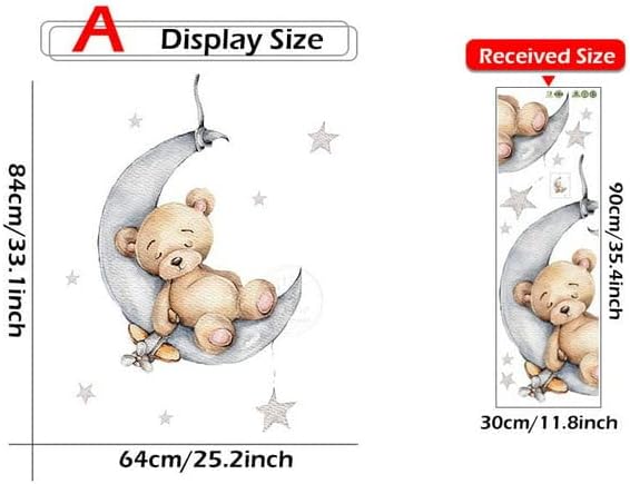 Teddy Bear Sleeping on The Moon and Star Wall Sticker for Kids Room Baby Room Nursery Interior Wall Decorative Kids Wall Sticker