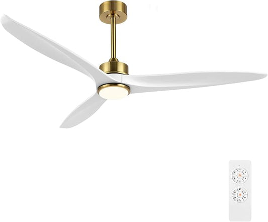 WINGBO 60 Inch DC Ceiling Fan with Lights and Remote Control, 3 Reversible Carved Wood Blades, 6-Speed Noiseless DC Motor, Modern Ceiling Fan in Brass Finish with White Blades