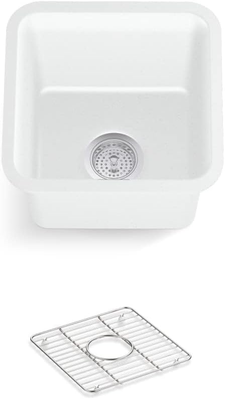 KOHLER K-8223-CM6 Cairn 15.5" Neoroc Composite Undermount Single-Bowl Bar Sink, Composite Bar Sink with Sink Rack, Matte White