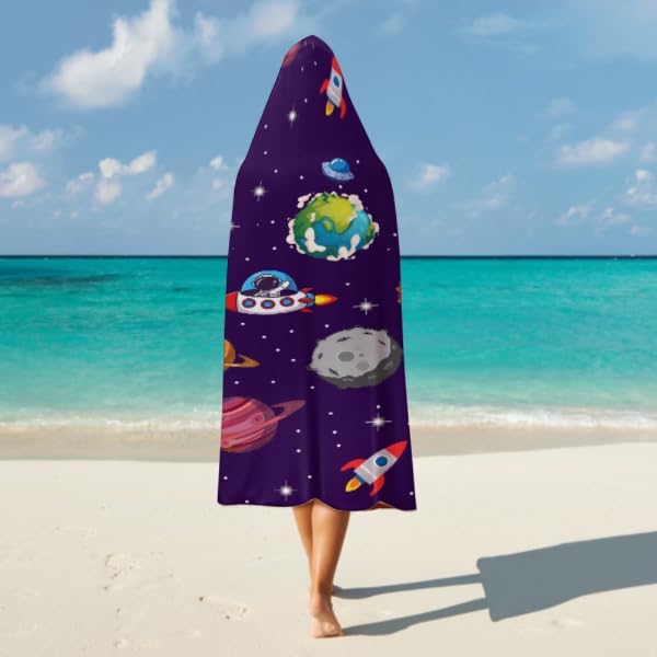 Kids Hooded Towels, Beach Bath Towel, Surf Poncho Toddlers Soft Thick Large Absorbent Cotton Wrap for Boy Girl, Shower/Beach/Pool 50"x30" (Explore Space)