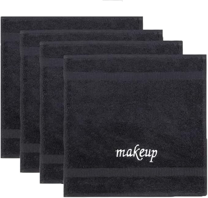 Chakir Turkish Linens | Hotel & Spa Quality 100% Cotton Premium Turkish Towels | Soft & Absorbent (4-Piece Washcloths, Black - Makeup Embroidered)