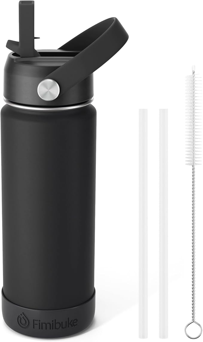 Fimibuke Kids Insulated Water Bottle - 18oz BPA-FREE 18/8 Stainless Steel Kids Cup with Straw Travel Tumbler Double Wall Vacuum Leak Proof Toddler Water Bottle for School Boys Girls(1 Pack, Black)