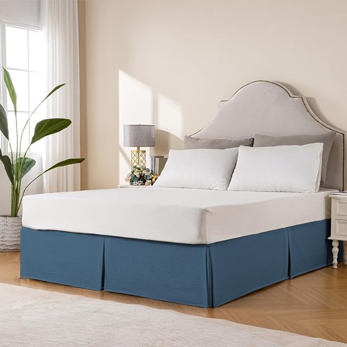MIYE Pleated Waffle Weave Bed Skirt, Tailored Dust Ruffle 18 Inch Drop Easy Fit, Machine Washable (Blue, Queen - 18" Drop)