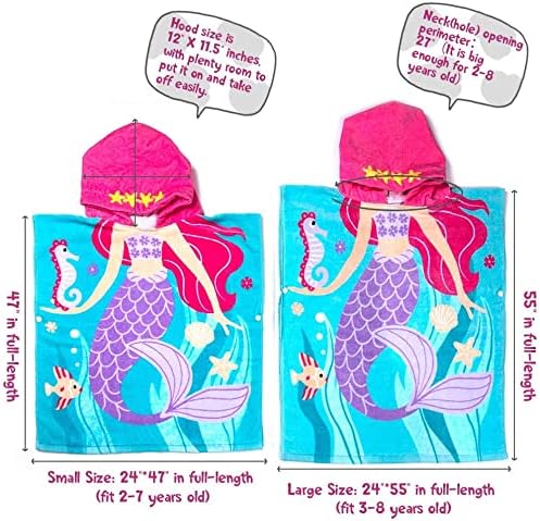 Toddler Hooded Beach Towel Coverup Cape Kids 100% Cotton Soft Quick Dry Absorbent Use for Swim Pool Bath Poncho Towels for 3 to 8 Years Old Children Size 24"x 55" in Full-Length (Mermai Pattern)