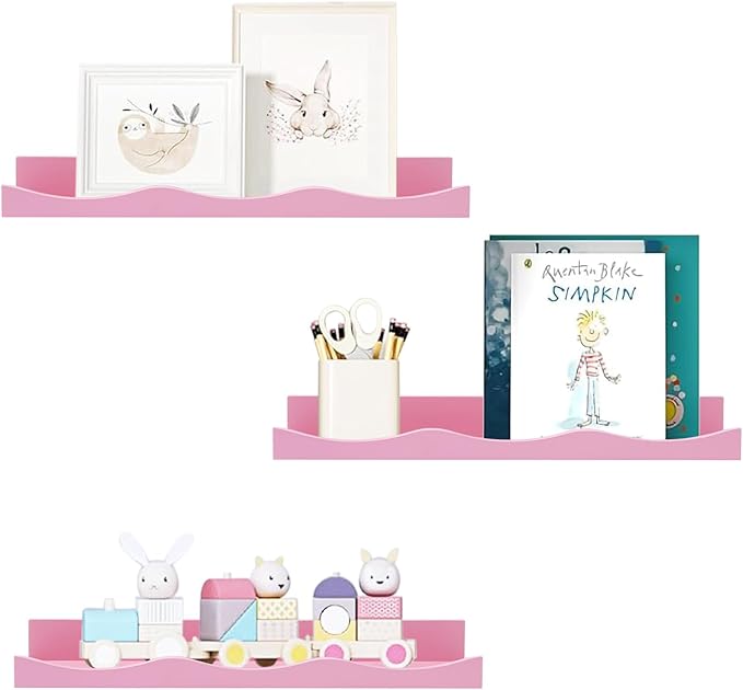 AZSKY Floating Bookshelf for Kids, Picture Ledge Shelf for Wall Decor and Storage 16 Inches Nursery Book Shelves Set 3, Baby Book Shelf for Kids Room Decor(Pink)