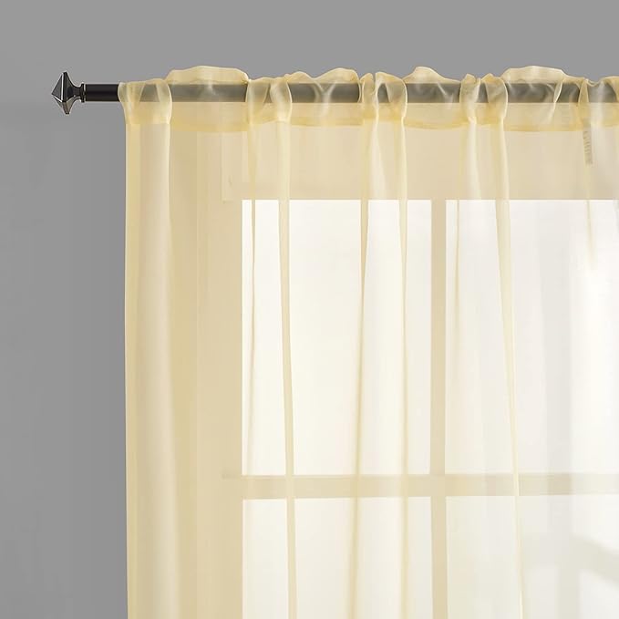 Light Yellow Sheer Voile Curtains Short Translucent 45 Inches Long with Rod Pocket Light Yellow Sheers 45 Inches Long for Small Window Kitchen Bedroom Living Room 2 Panels 52x45