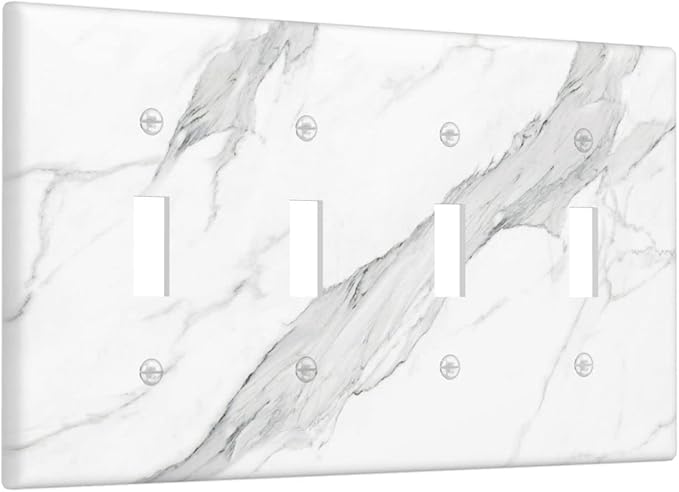 Marble Grey Wall Plate Decorative Light Switch Cover 4-Gang Quad Toggle Faceplate for Bathroom Farmhouse Kitchen Bedroom White