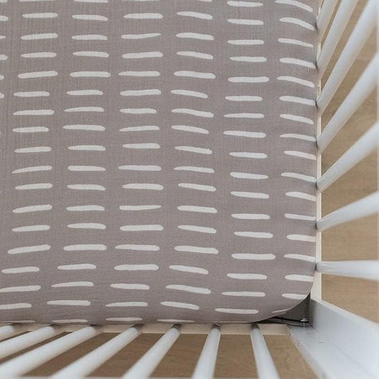 Grey Dash Muslin Crib Sheet by Mebie Baby, Soft and Breathable Bed Sheets for Babies, Modern Neutral Bedding for Cribs, Standard Crib Mattress Fitted Sheet, Great for Boy or Girl Room or Nursery
