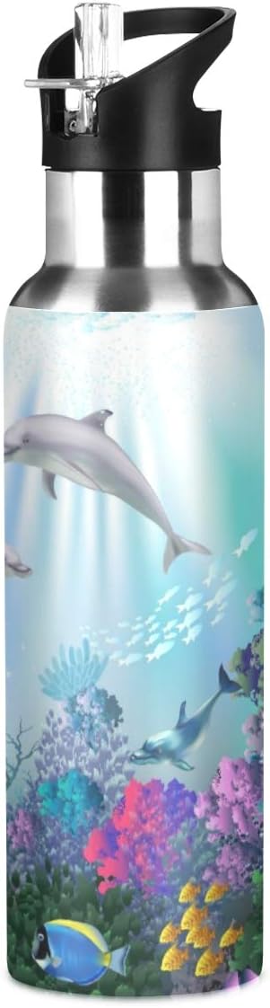 Underwater World Of Dolphins Sports Water Bottle, 22 Oz BPA Free Non-Toxic Stainless Steel Water Bottle with Straw for Gym Yoga Fitness Camping