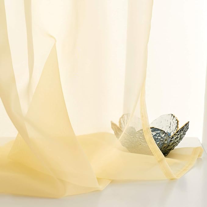 Light Yellow Sheer Voile Curtains Short Translucent 45 Inches Long with Rod Pocket Light Yellow Sheers 45 Inches Long for Small Window Kitchen Bedroom Living Room 2 Panels 52x45