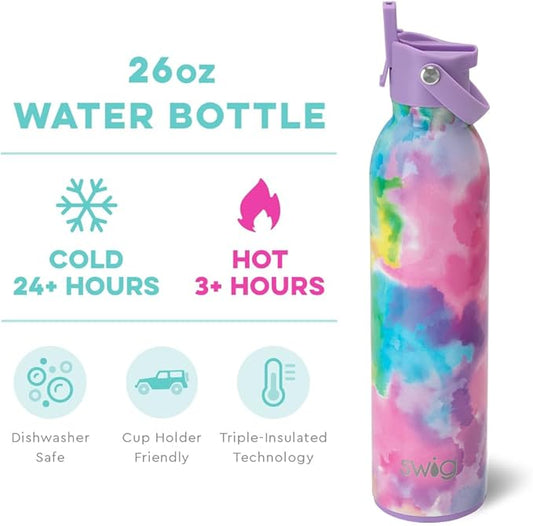 Swig Life 26oz Insulated Water Bottle with Straw & Flip + Sip Handle | Leak Proof, Dishwasher Safe, Cup Holder Friendly, Stainless Steel Water Bottle (Cloud Nine)