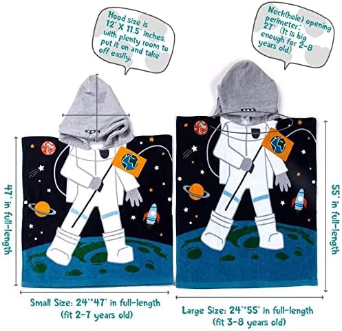 Toddler Hooded Beach Towel Coverup Cape Kids 100% Cotton Soft Quick Dry Absorbent Use for Swim Pool Bath Poncho Towels for 3 to 8 Years Old Children Size 24"x 55" in Full-Length (Astronaut Pattern)