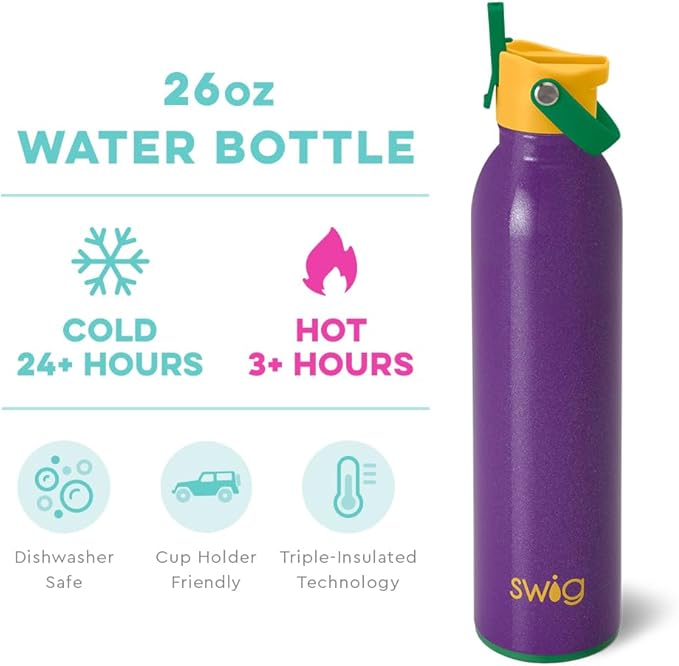 Swig Life 26oz Insulated Water Bottle with Straw & Flip + Sip Handle | Leak Proof, Dishwasher Safe, Cup Holder Friendly, Stainless Steel Water Bottle in Pardi Gras