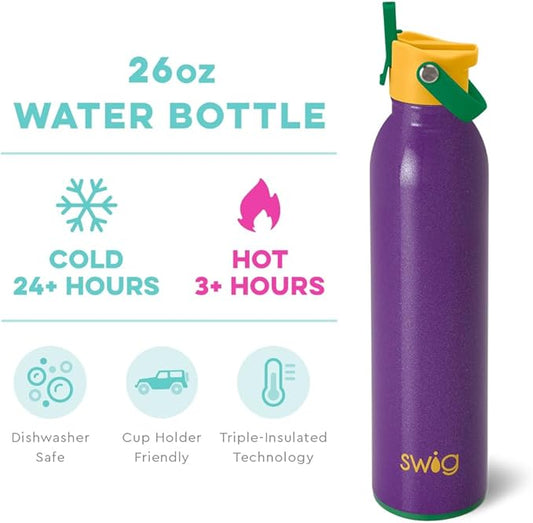 Swig Life 26oz Insulated Water Bottle with Straw & Flip + Sip Handle | Leak Proof, Dishwasher Safe, Cup Holder Friendly, Stainless Steel Water Bottle in Pardi Gras