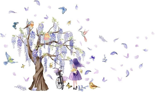 GGCC 7 FLAG Purple Theme Wall Stickers Set - Stylish Home Decor with Tree, Bird, Butterflies, and Flowers
