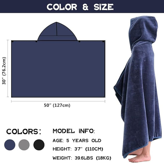 Hiturbo Kids Hooded Bath Towel: 100% Cotton Soft Thick Absorbent Towels Wrap - 50"x30" Shower Beach Pool Wearable Blanket for 3-12 Yrs Boys Girls - Navy Blue