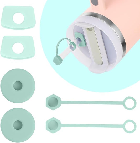 Silicone Spill Proof Stopper Set Compatible with Stanley Quencher H2.0 FlowState Tumbler 40oz/ 30oz, Include 2 Straw Cover Cap, 2 Square Spill Stopper, 2 Round Leak Stopper (Green, H2.0)