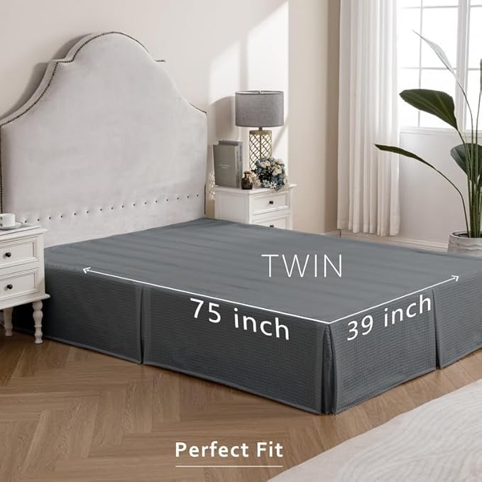 MIYE Pleated Waffle Weave Bed Skirt, Tailored Dust Ruffle 16 Inch Drop Easy Fit, Machine Washable (Dark Grey, Twin - 16" Drop)