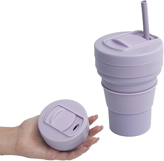 collapsible cup with Straw, Kids Insulated collapsible cups for traveling Leakproof Cup, Portable 350ml Foldable Travel Straw camping cup for Picnic,Hiking,Sports,Camping,Biking (purple)