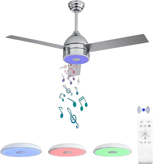 52 Inch Plated Finish Ceiling Fan with RGB Dimming LED Light,with Music Bluetooth Speaker,Remote Control,3-Speed Regulation,Reversible Motor,Timing,for Living Room,Bedroom,Restaurant,Outdoor