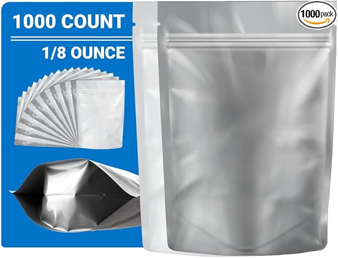 Mylar Smell Proof Bags - White/Clear - 1000 Count-5.25X3.75-1/8 Ounce - Packaging Bags - Mylar Bags For Food Storage - Resealable Bags - Storage Bag - Edible Packaging - Dry Herb Packaging
