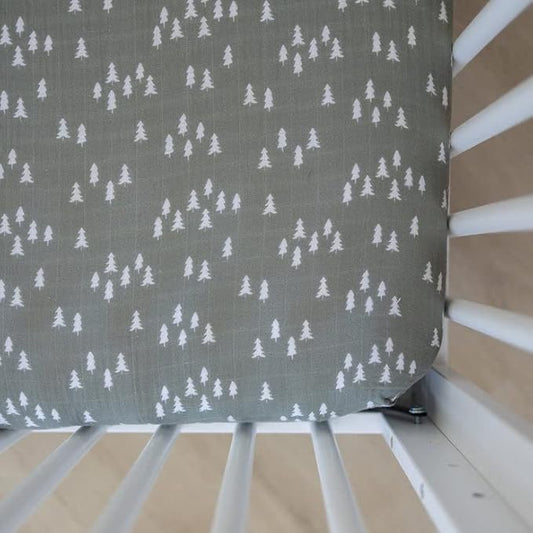 Pines Muslin Crib Sheet by Mebie Baby, Soft and Breathable Bed Sheets for Babies, Modern Neutral Bedding for Cribs, Standard Crib Mattress Fitted Sheet, Great for Boy or Girl Room or Nursery