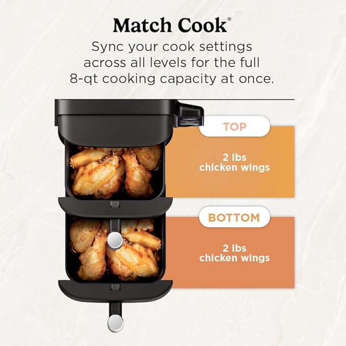 Ninja DoubleStack 2-Basket Air Fryer, DoubleStack Technology Cooks 4 Foods at Once, Space Saving Design, 8 QT, 6-in-1, Smart Finish & Match Cook, Air Fry, Broil, Bake, Easy Meals & Clean, Black, SL201