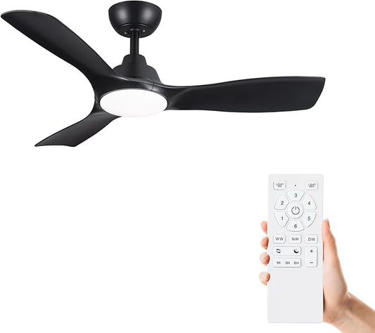 Sevenine Ceiling fan with light,Black Ceiling Fan,3 Blades,Downrod,6 speed adjustable,Dimmable LED,3 Timers,Reversible DC motor, For Patio Living Room Bedroom Dining Room (Black, 42Inch)
