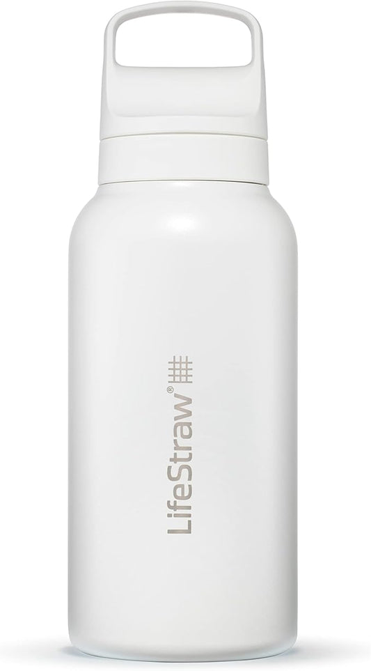 LifeStraw Go Series — Insulated Stainless Steel Water Filter Bottle for Travel and Everyday Use Removes Bacteria, Parasites and Microplastics, Improves Taste, 1L Polar White