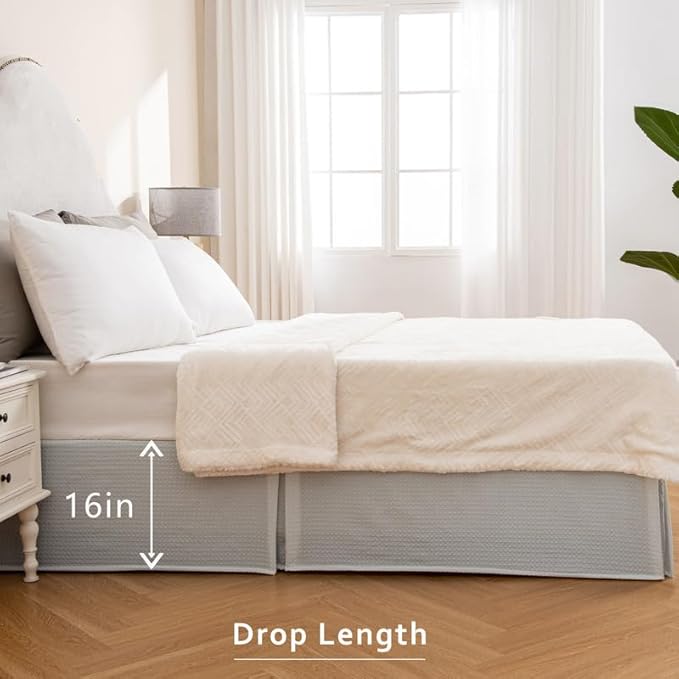 MIYE Pleated Waffle Weave Bed Skirt, Tailored Dust Ruffle 16 Inch Drop Easy Fit, Machine Washable (Light Grey, Queen - 16" Drop)