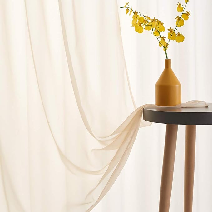 Beige Sheer Curtains 63 Inch Length Translucent Solid Color Beige Sheer Curtains 63 Inches long Panels Rod Pocket Beige Drapes for Bedroom Living Room 2 Panels 52x63