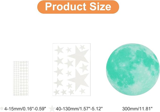 uxcell 1 Set Glow in The Dark Ceiling Star Stickers, Moon and Stars Wall Decals, Glowing Star Decal Decoration for Bedroom, 300mm Cyan Moon