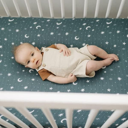 Night Sky Muslin Crib Sheet by Mebie Baby, Soft and Breathable Bed Sheets for Babies, Modern Neutral Bedding for Cribs, Standard Crib Mattress Fitted Sheet, Great for Boy or Girl Room or Nursery