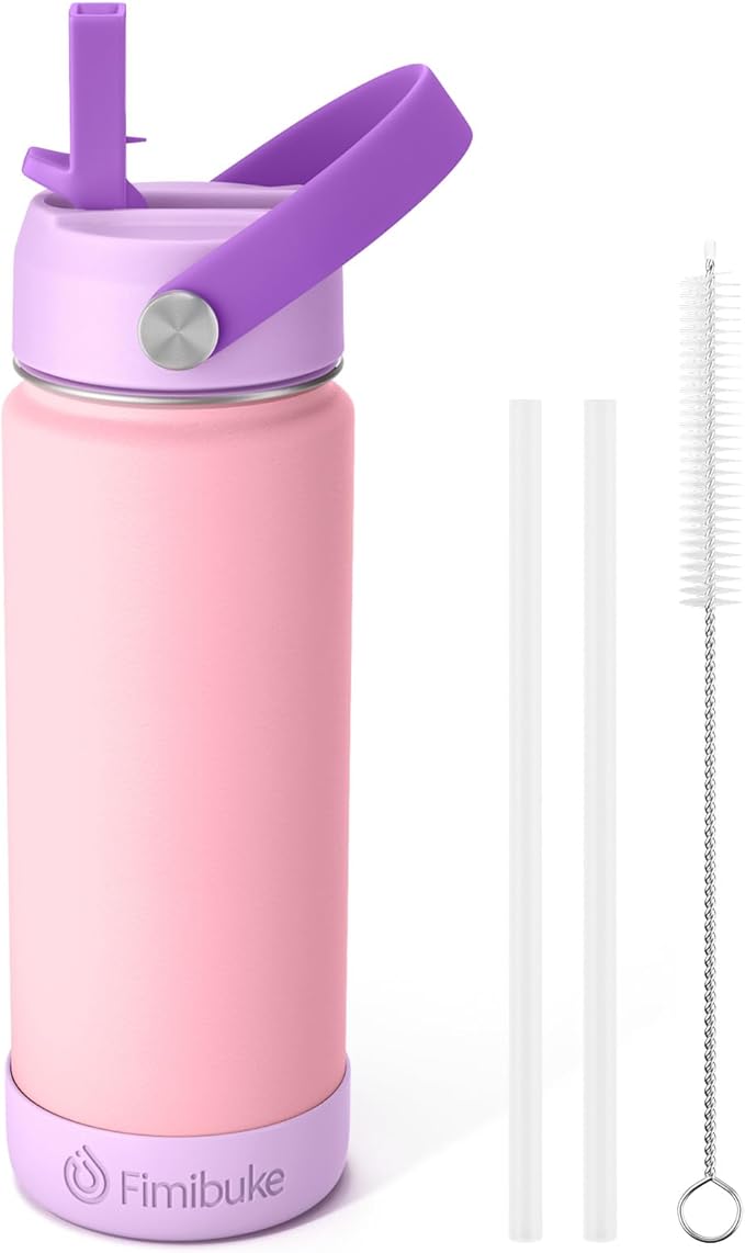 Fimibuke Kids Insulated Water Bottle - 18oz BPA-FREE 18/8 Stainless Steel Kids Cup with Straw Travel Tumbler Leak Proof Double Wall Vacuum Toddler Water Bottle for School Boys Girls (1 Pack, Candy)