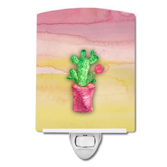 Caroline's Treasures BB7361CNL Flowering Cactus Watercolor Ceramic Night Light Compact, UL-Certified, Ideal for Bedroom, Bathroom, Nursery, Hallway, Kitchen, 6x4x3, Multicolor