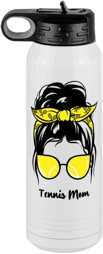Tennis Mom Water Bottle, Messy Bun, White 30 oz Polar Camel with Straw Lid, Stainless Steel, Vacuum Insulated