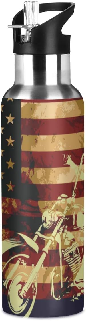 Skull Motorcycle American Flag Water Bottle - Reusable Water Bottle for Gym Bike Running Cycling 600 Milliliter 22 Ounce Stainless Steel Sports Water Bottle
