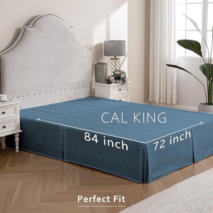 MIYE Pleated Waffle Weave Bed Skirt, Tailored Dust Ruffle 12 Inch Drop Easy Fit, Machine Washable (Blue,Cal King - 12" Drop)