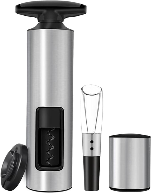 Self-Pulling Wine Opener Set, Twist Wine Corkscrew with Foil Cutter/Premium Vacuum Stopper & Wine Aerator Pourer, Eco-Friendly, Waiter Corkscrew, Manual Wine Opener Gifts(Stainless Steel)