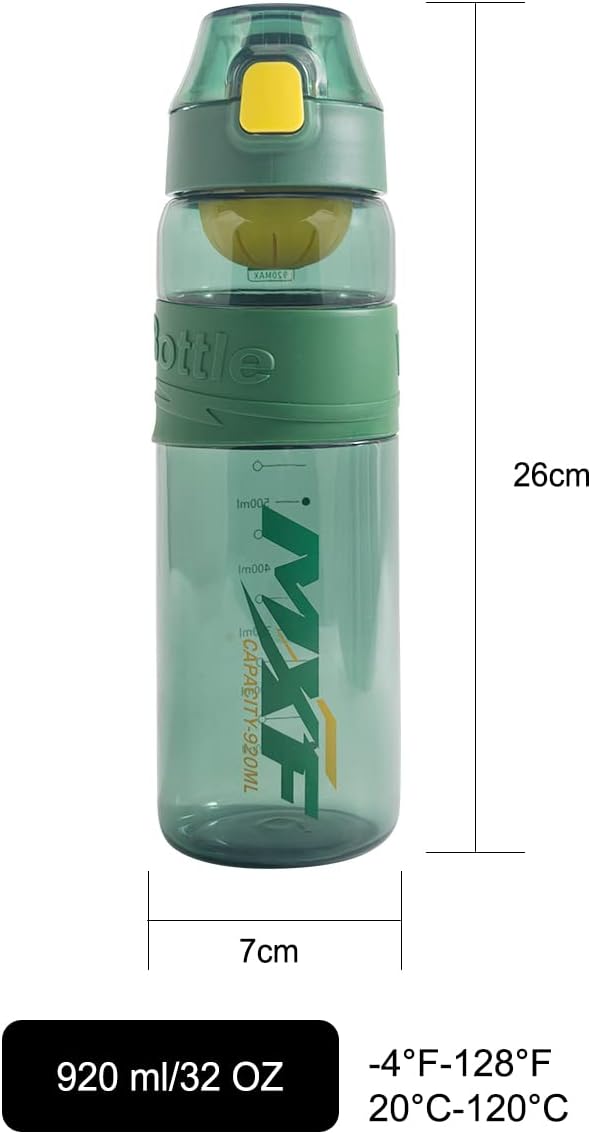 Water bottles,leak proof wide mouth water filter water bottles,Reusable 32 oz water bottles with filter,Safe Transparent plastic for school gym camping travel Green