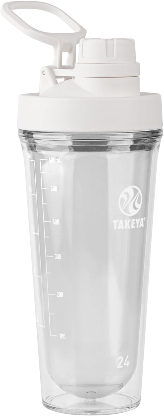 Takeya 24 oz Tritan Plastic Shaker Bottle - Premium BPA Free Protein Shakes Mixer, Leakproof Spout Lid, Shatterproof, Cloud White