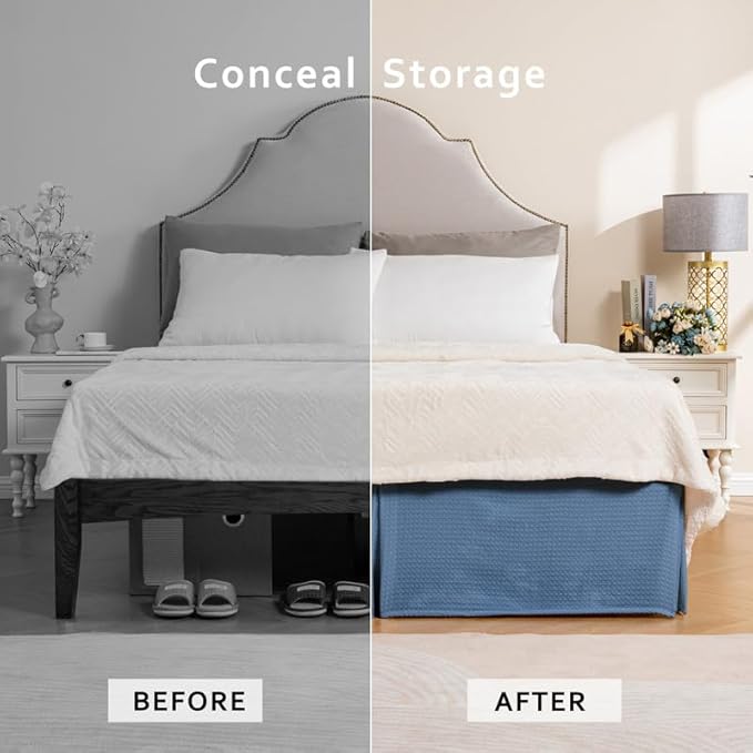 MIYE Pleated Waffle Weave Bed Skirt, Tailored Dust Ruffle 16 Inch Drop Easy Fit, Machine Washable (Blue, Twin - 16" Drop)