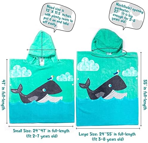 Toddler Hooded Beach Towel Coverup Cape Kids 100% Cotton Soft Quick Dry Absorbent Use for Swim Pool Bath Poncho Towels for 3 to 8 Years Old Children Size 24"x 55" in Full-Length (Whale Pattern)